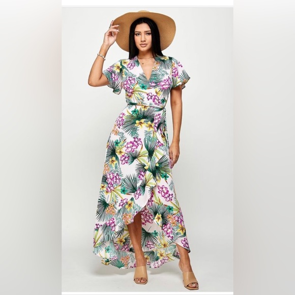 NWT Purple White Multi Tropical Print V Neck Plus Size Wrap Dress Bohemian - Picture 3 of 8